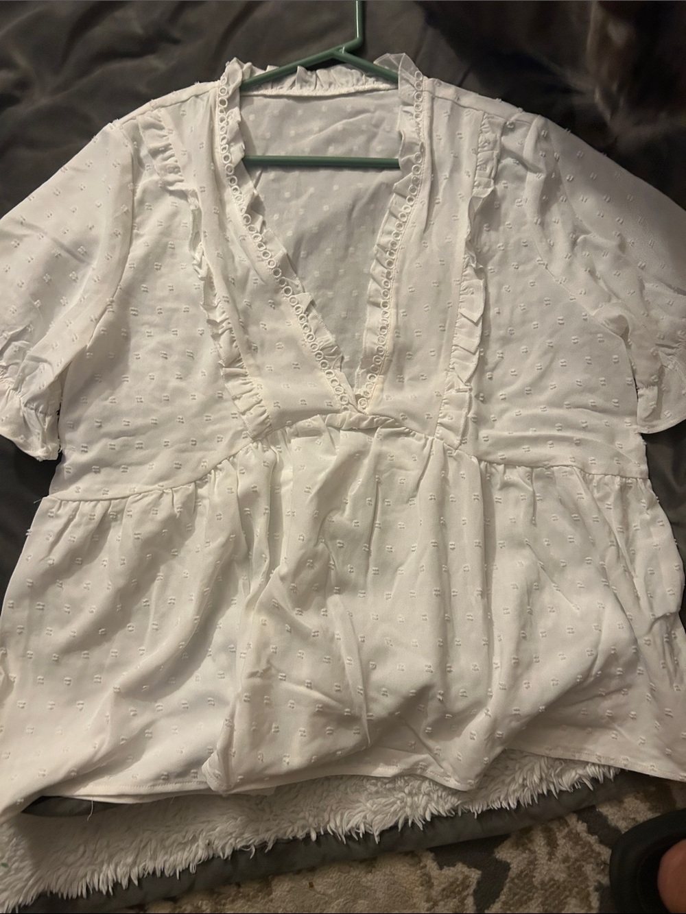 SHEIN White Ruffled Eyelet V-Neck Peasant Blouse